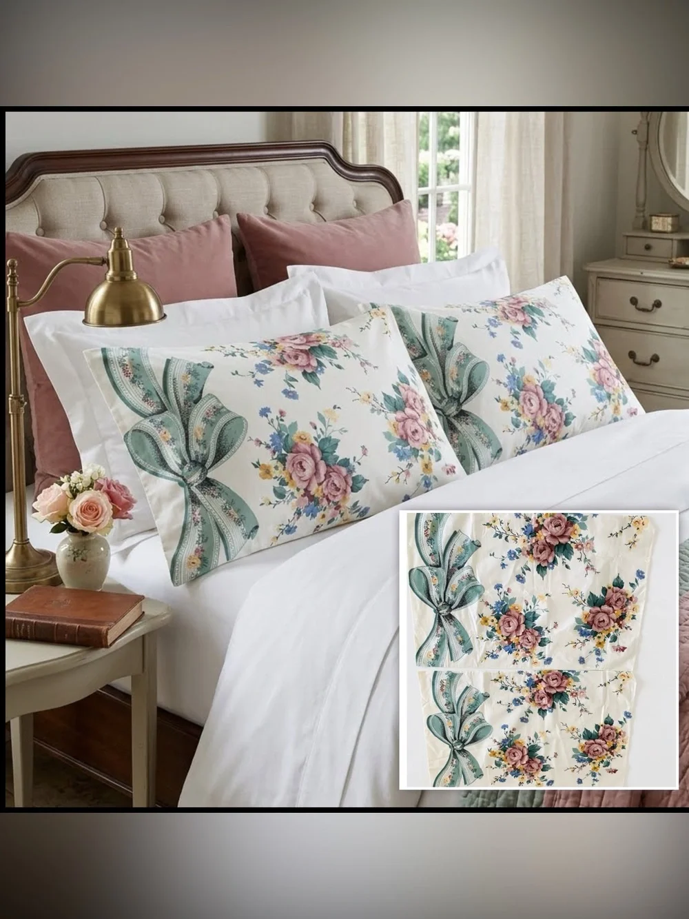 2 Vtg Shabby Chic Floral Ribbon Bow Standard Pillowcases Coquette Cottagecore